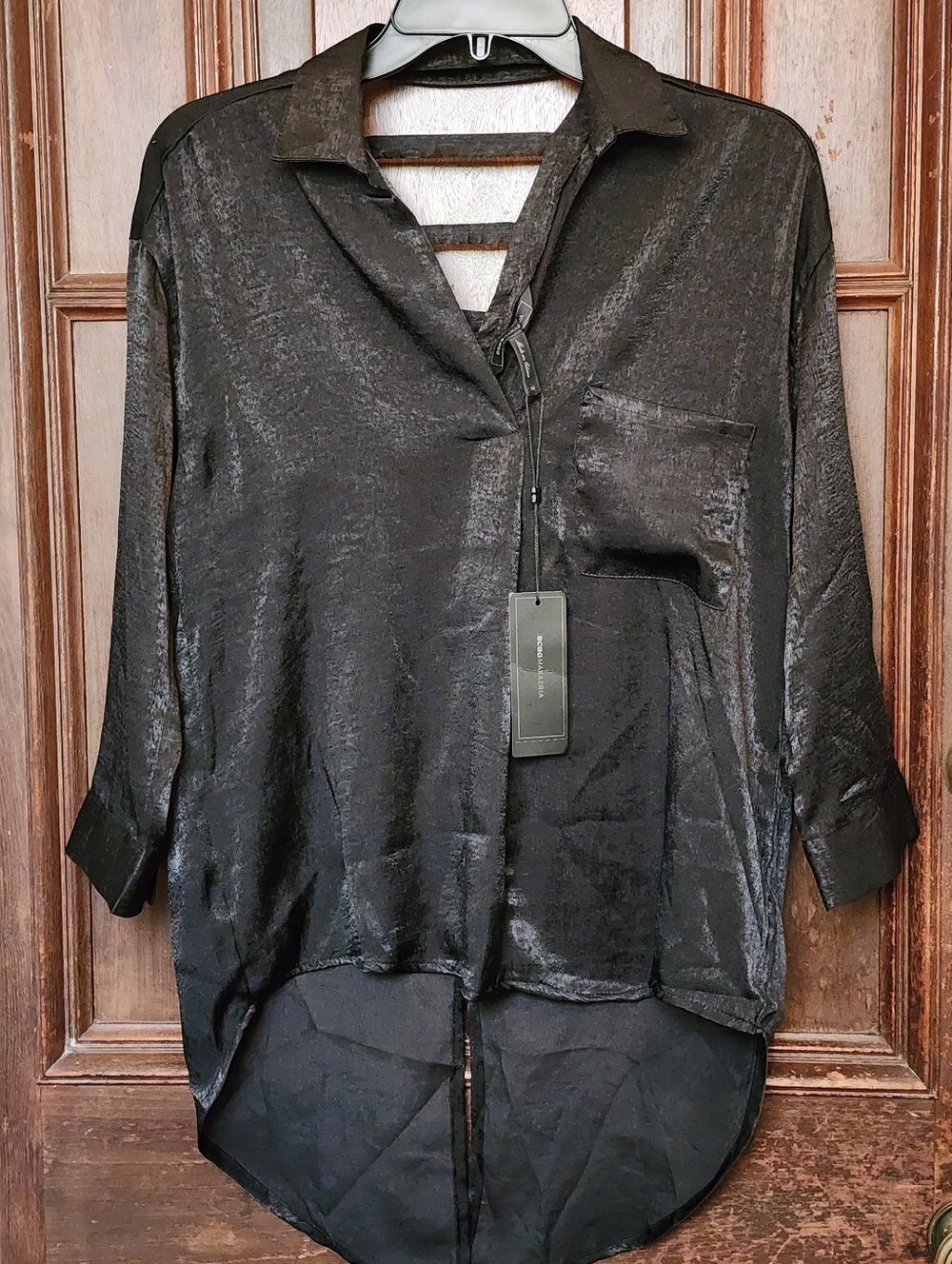 NWT BCBGMAXARIA Black Button Up Satin Sheen Tunic-Medium-Retail $108.00